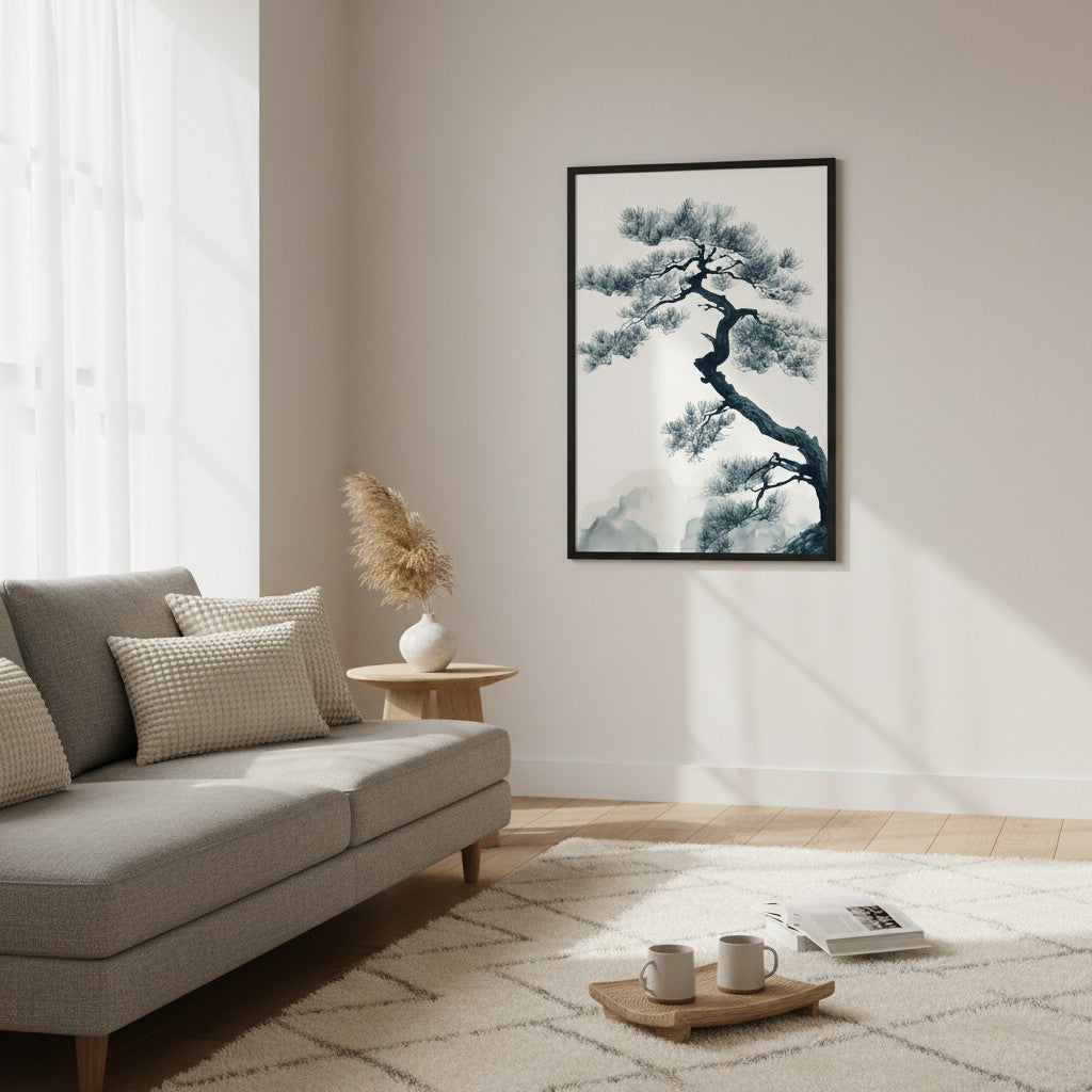 Pine Silhouette — Japandi zen nature wall art in a living room setting
