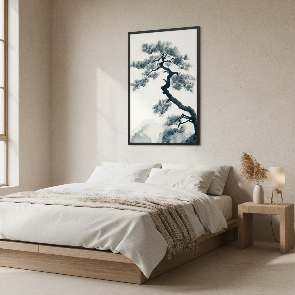 Pine Silhouette — Japandi zen nature wall art in a bedroom setting