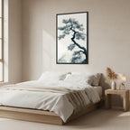 Pine Silhouette — Japandi zen nature wall art in a bedroom setting