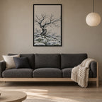 Seasons Garden · Bare Tree · Winter — Japandi framed wall art in a room setting, 24x36 in