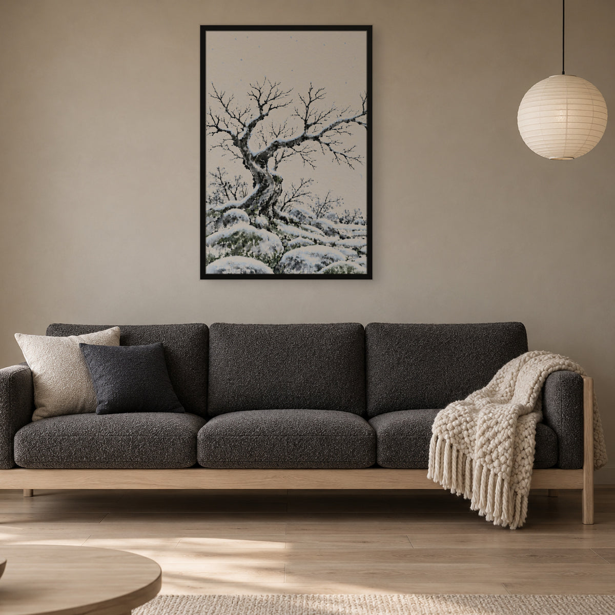 Seasons Garden · Bare Tree · Winter — Japandi framed wall art in a room setting, 24x36 in