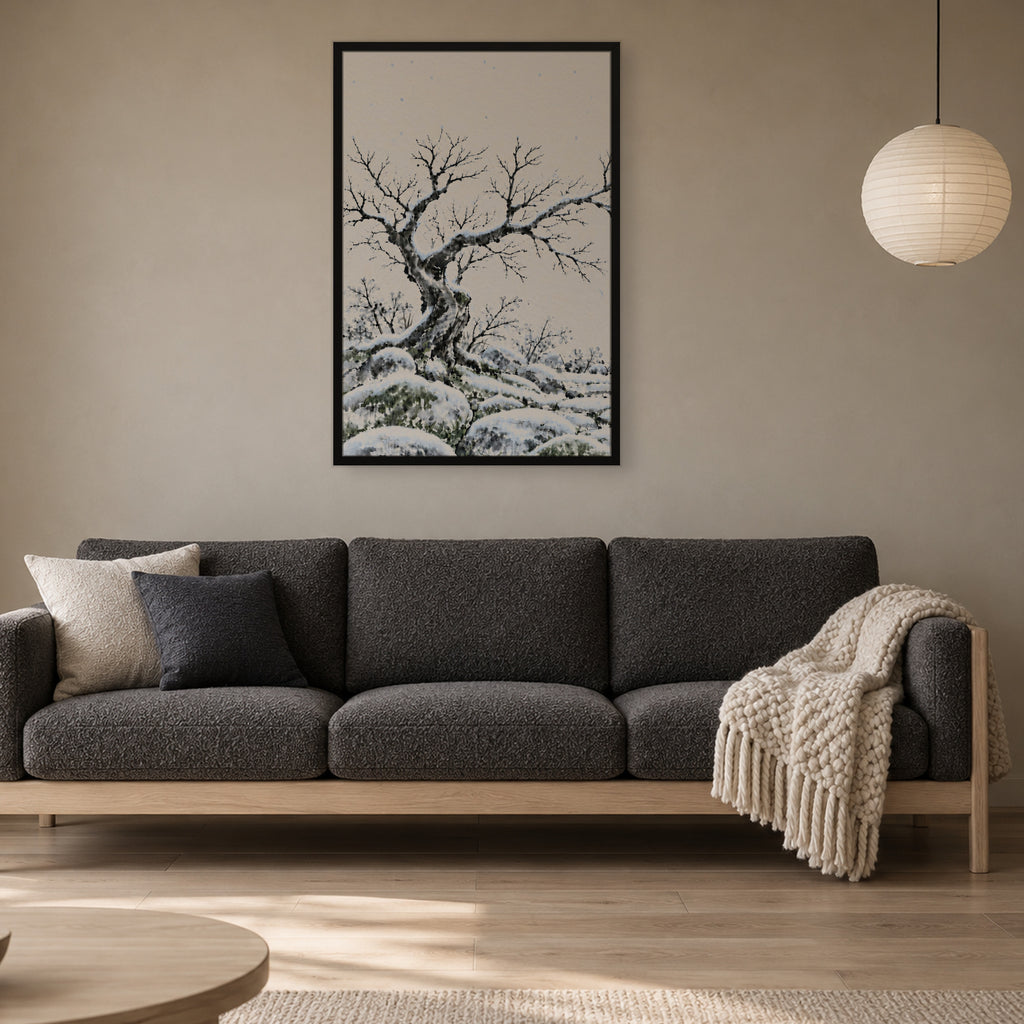 Seasons Garden · Bare Tree · Winter — Japandi framed wall art in a room setting, 24x36 in