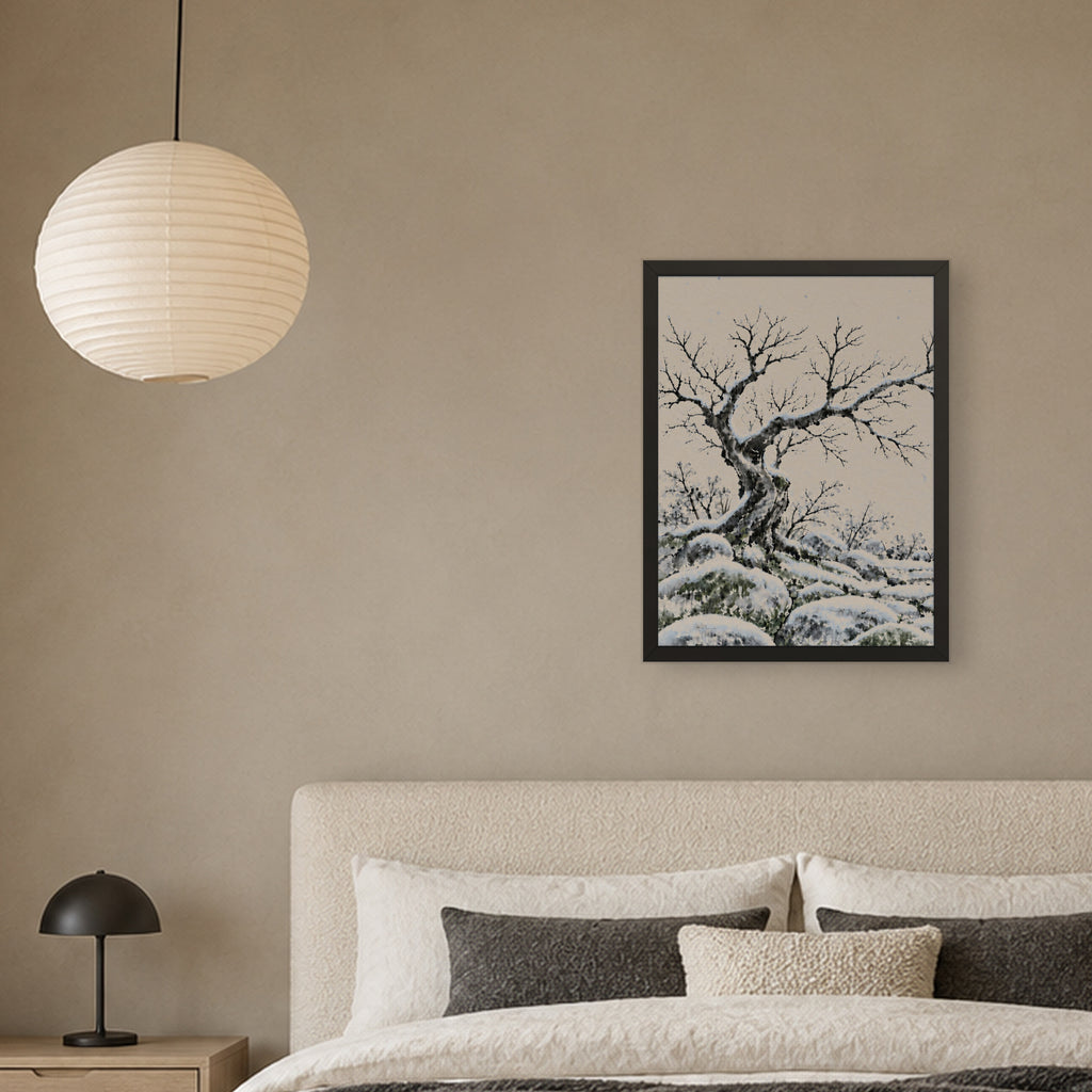 Seasons Garden · Bare Tree · Winter — Japandi framed wall art in a room setting, 18x24 in