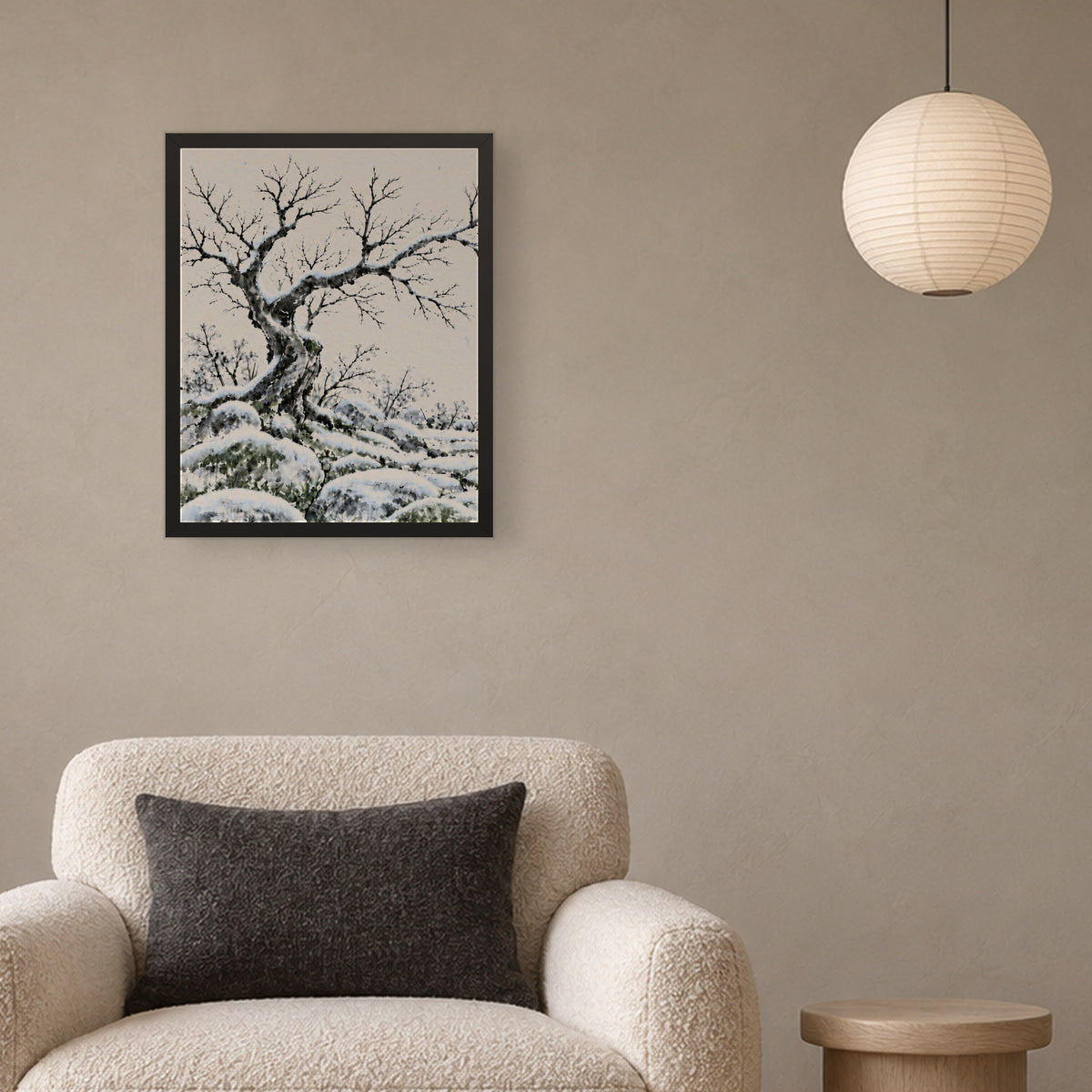 Seasons Garden · Bare Tree · Winter — Japandi framed wall art in a room setting, 16x20 in