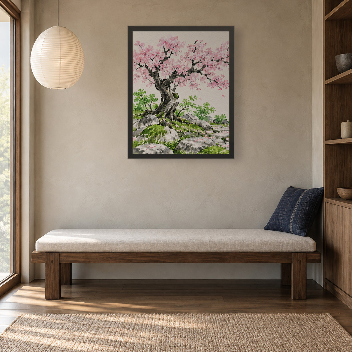 Seasons Garden · Cherry Tree · Spring — Japandi framed wall art in a room setting, 16x20 in