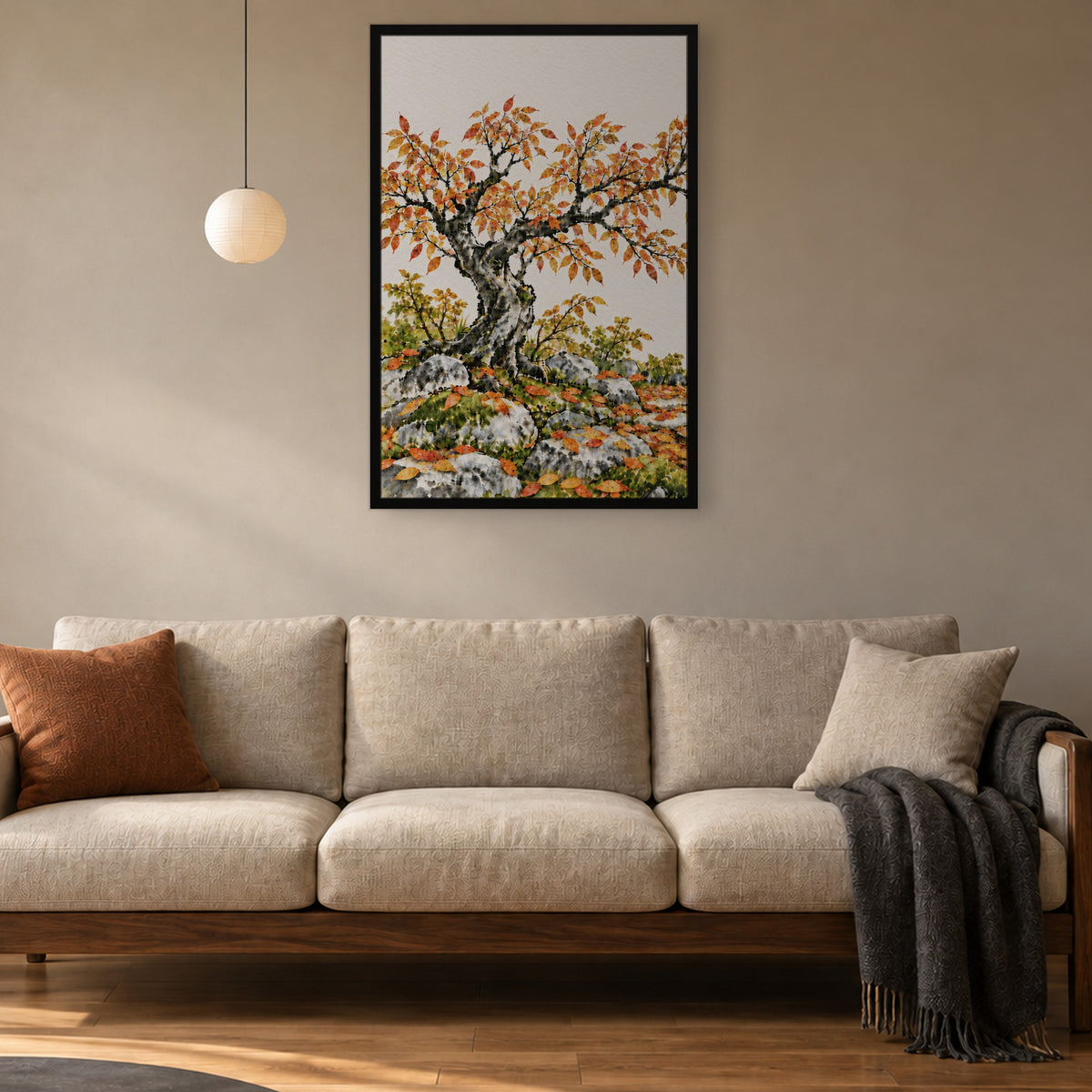 Seasons Garden · Golden Tree · Autumn — Japandi framed wall art in a room setting, 24x36 in