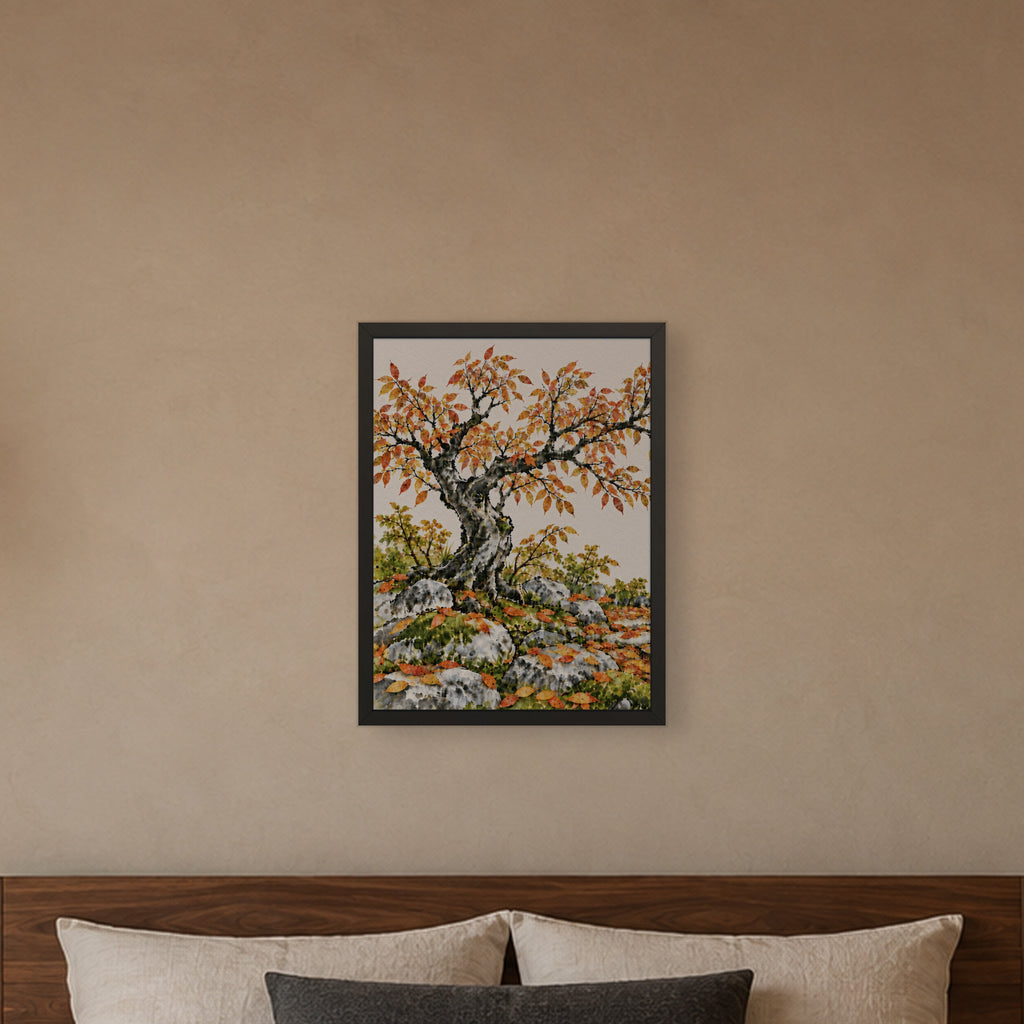 Seasons Garden · Golden Tree · Autumn — Japandi framed wall art in a room setting, 18x24 in