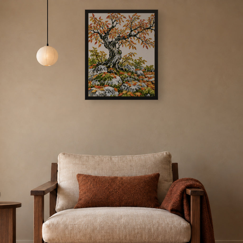 Seasons Garden · Golden Tree · Autumn — Japandi framed wall art in a room setting, 16x20 in