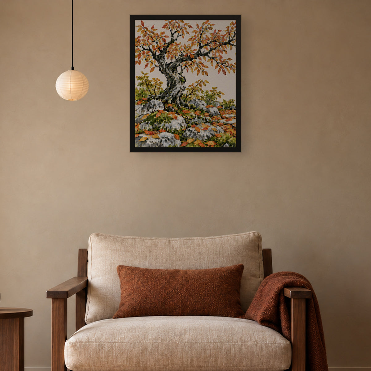 Seasons Garden · Golden Tree · Autumn — Japandi framed wall art in a room setting, 16x20 in