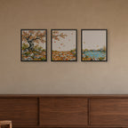 Seasons Garden · Autumn — three framed prints hung side by side as a triptych, 16x20 in
