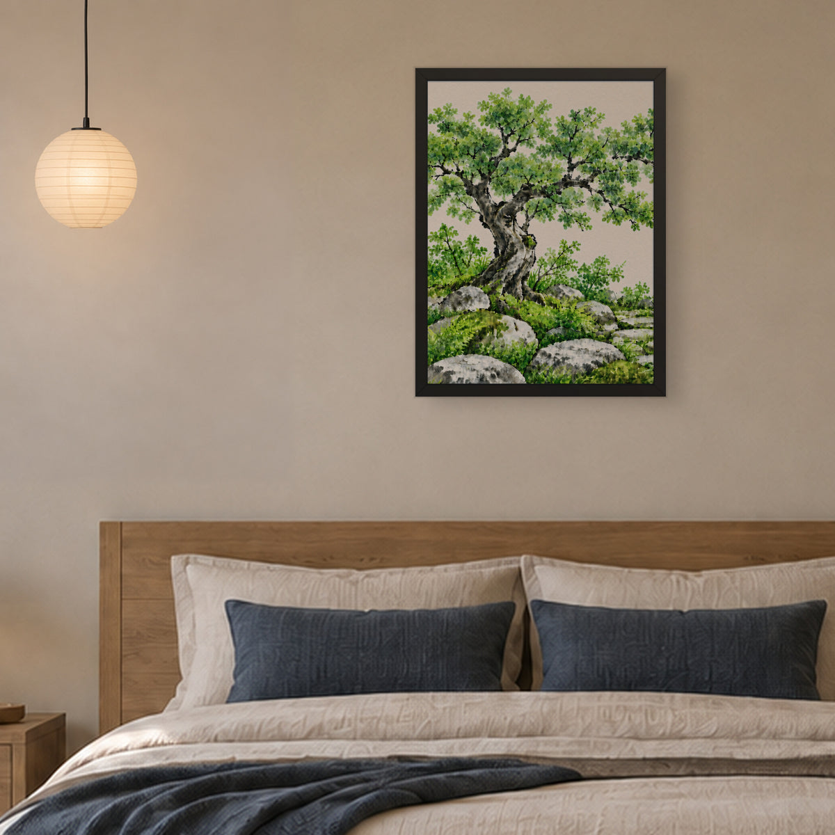 Seasons Garden · Green Tree · Summer — Japandi framed wall art in a room setting, 18x24 in