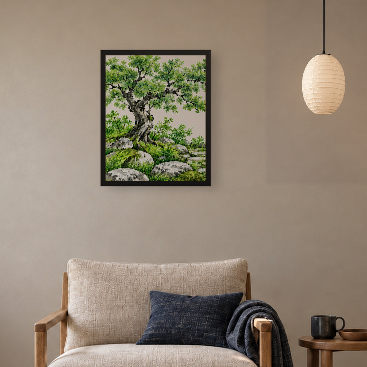 Seasons Garden · Green Tree · Summer — Japandi framed wall art in a room setting, 16x20 in