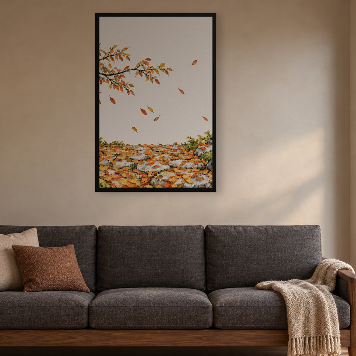 Seasons Garden · Leaf Path · Autumn — Japandi framed wall art in a room setting, 24x36 in