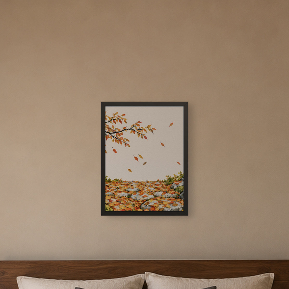 Seasons Garden · Leaf Path · Autumn — Japandi framed wall art in a room setting, 18x24 in