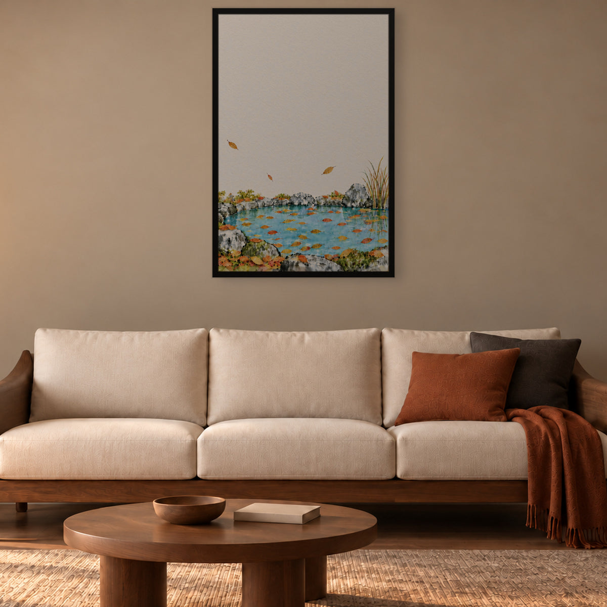 Seasons Garden · Leaf Pond · Autumn — Japandi framed wall art in a room setting, 24x36 in