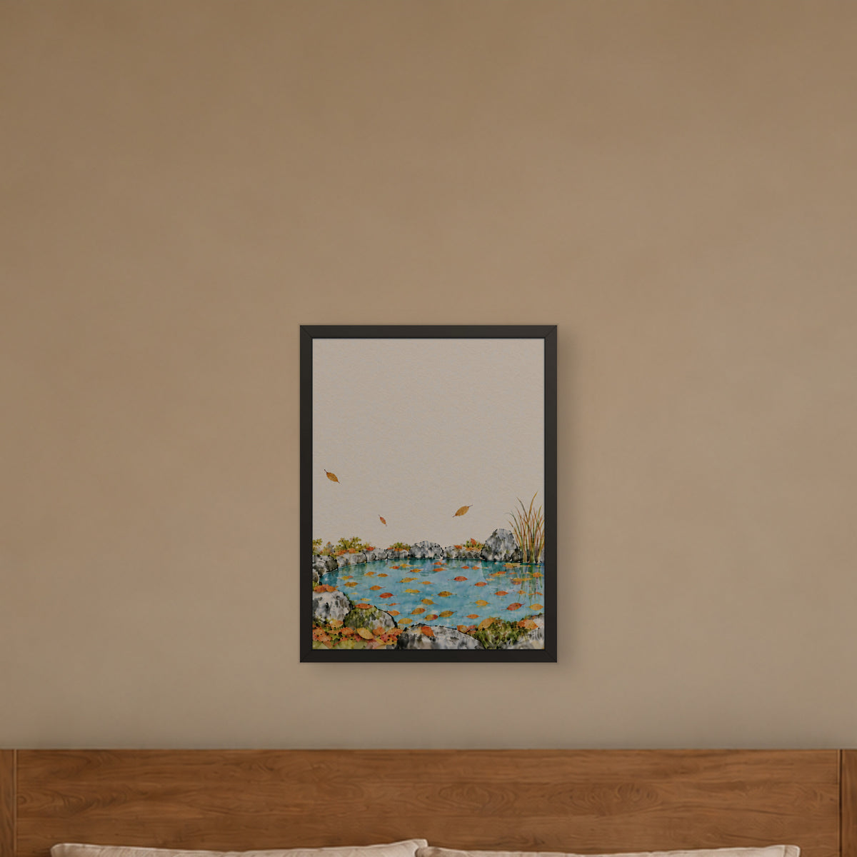 Seasons Garden · Leaf Pond · Autumn — Japandi framed wall art in a room setting, 18x24 in