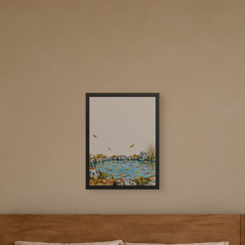 Seasons Garden · Leaf Pond · Autumn — Japandi framed wall art in a room setting, 18x24 in