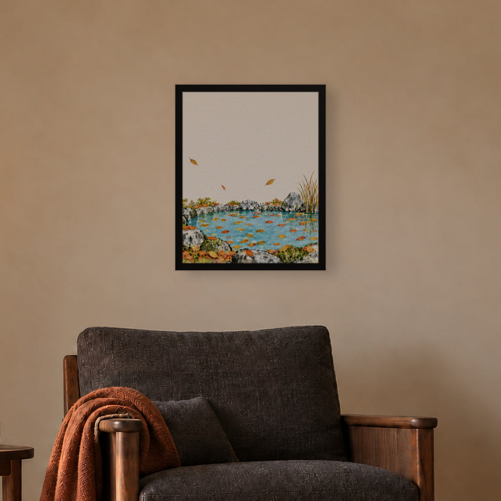 Seasons Garden · Leaf Pond · Autumn — Japandi framed wall art in a room setting, 16x20 in