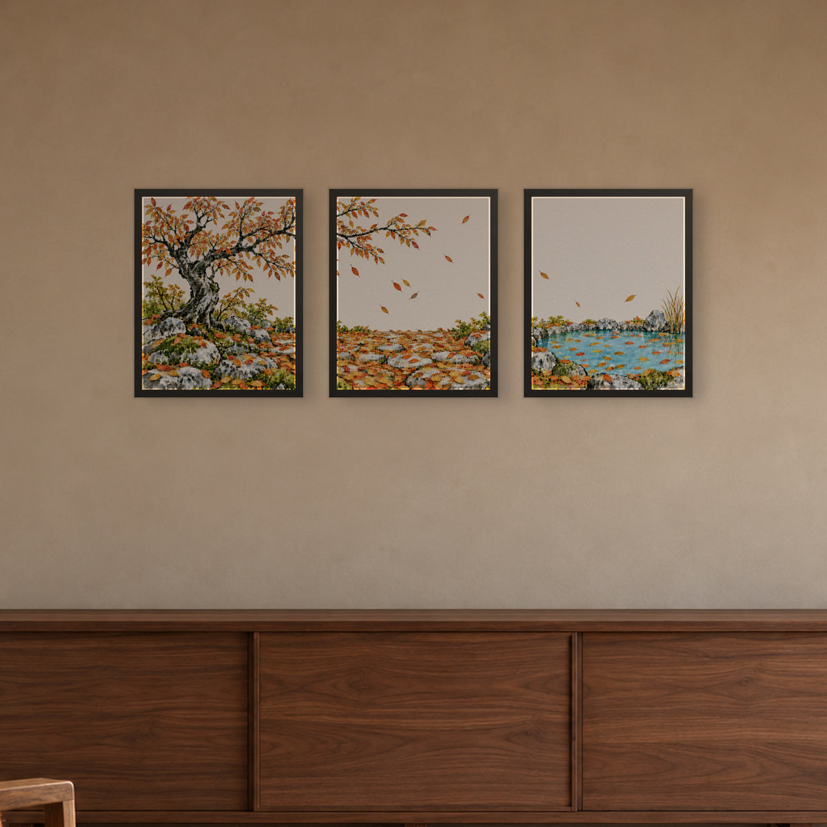 Seasons Garden · Autumn — three framed prints hung side by side as a triptych, 16x20 in