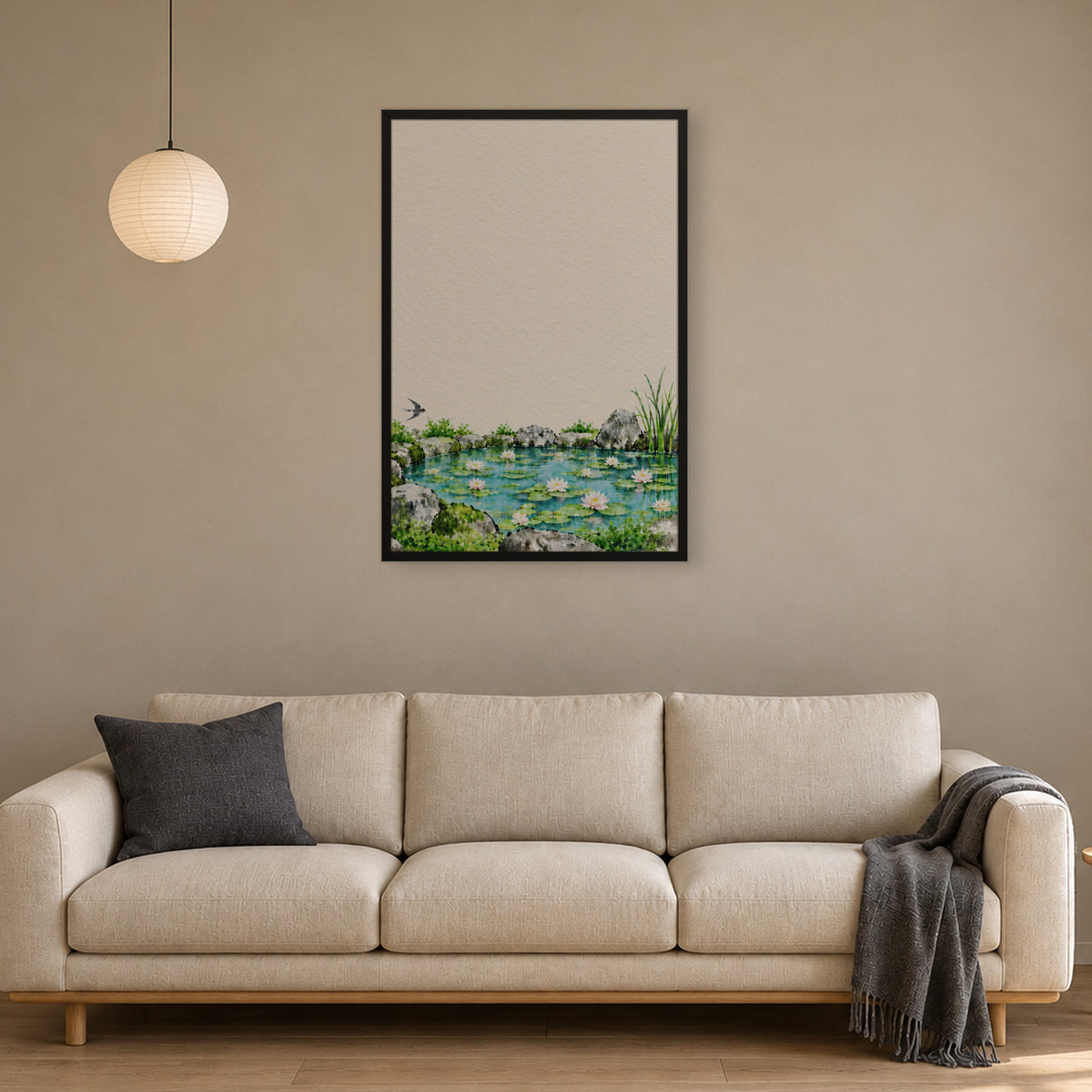 Seasons Garden · Lily Pond · Summer — Japandi framed wall art in a room setting, 24x36 in