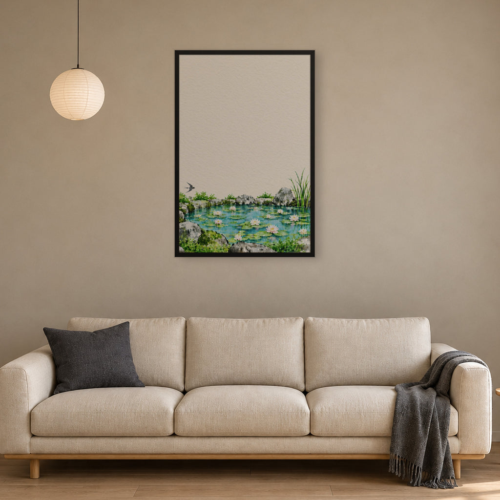 Seasons Garden · Lily Pond · Summer — Japandi framed wall art in a room setting, 24x36 in