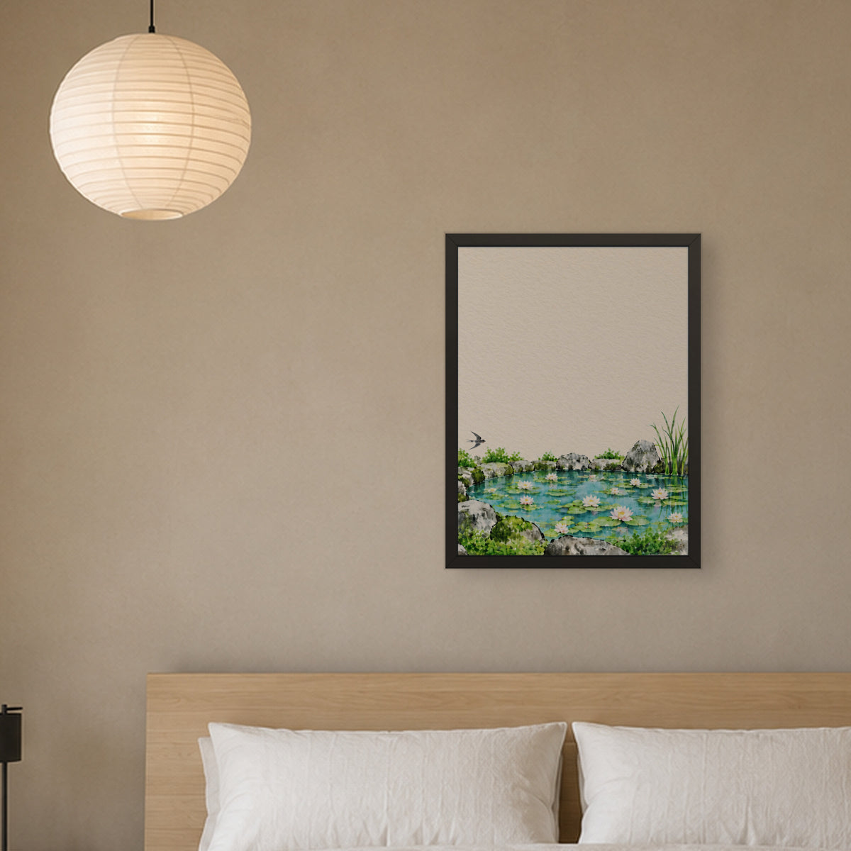Seasons Garden · Lily Pond · Summer — Japandi framed wall art in a room setting, 18x24 in