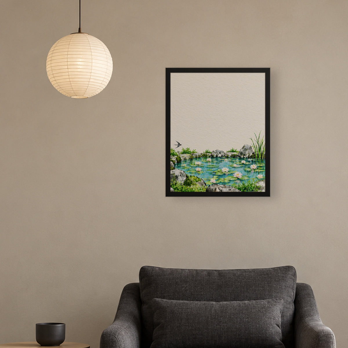 Seasons Garden · Lily Pond · Summer — Japandi framed wall art in a room setting, 16x20 in