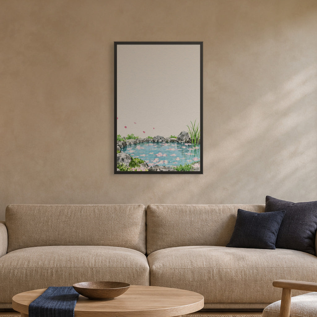 Seasons Garden · Petal Pond · Spring — Japandi framed wall art in a room setting, 24x36 in