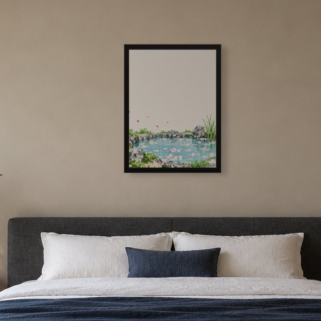 Seasons Garden · Petal Pond · Spring — Japandi framed wall art in a room setting, 18x24 in