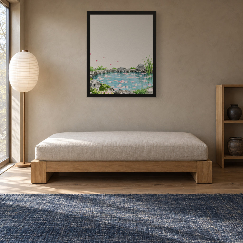Seasons Garden · Petal Pond · Spring — Japandi framed wall art in a room setting, 16x20 in
