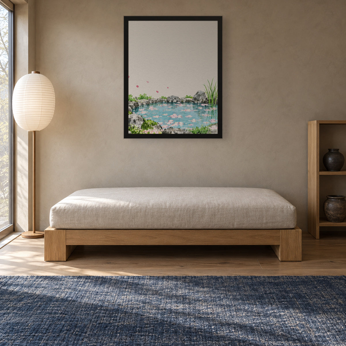 Seasons Garden · Petal Pond · Spring — Japandi framed wall art in a room setting, 16x20 in