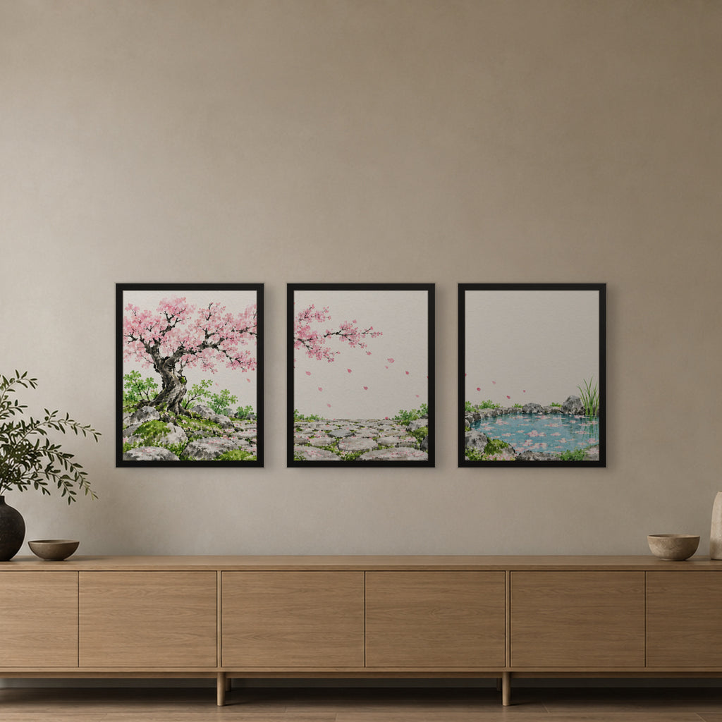 Seasons Garden · Spring — three framed prints hung side by side as a triptych, 16x20 in