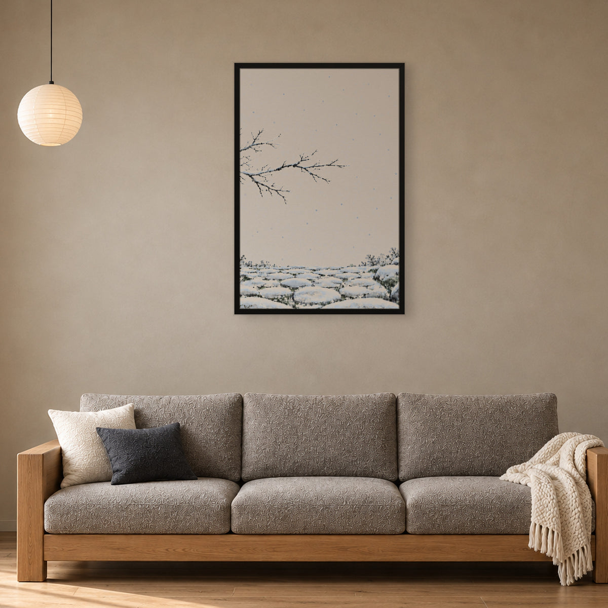 Seasons Garden · Snow Path · Winter — Japandi framed wall art in a room setting, 24x36 in