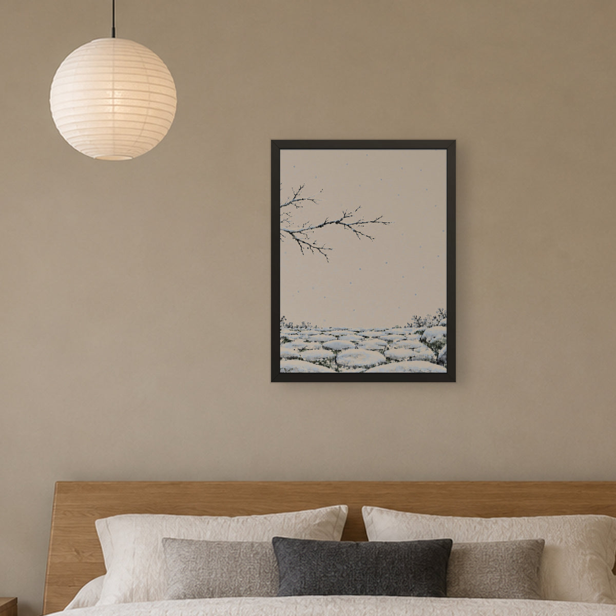 Seasons Garden · Snow Path · Winter — Japandi framed wall art in a room setting, 18x24 in
