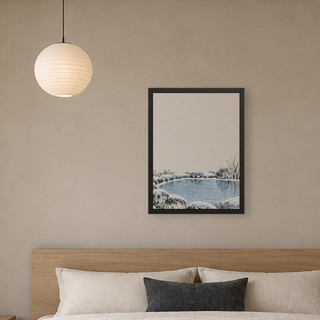 Seasons Garden · Still Pond · Winter — Japandi framed wall art in a room setting, 18x24 in