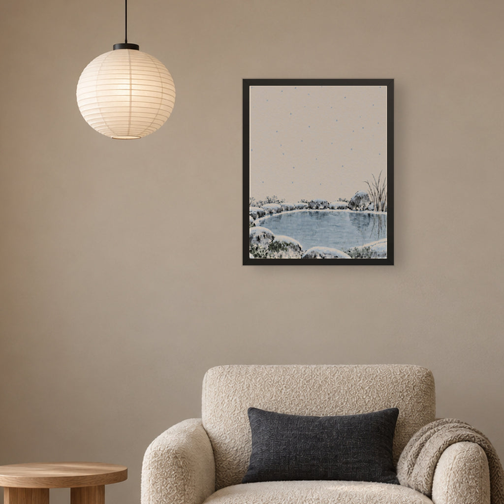 Seasons Garden · Still Pond · Winter — Japandi framed wall art in a room setting, 16x20 in