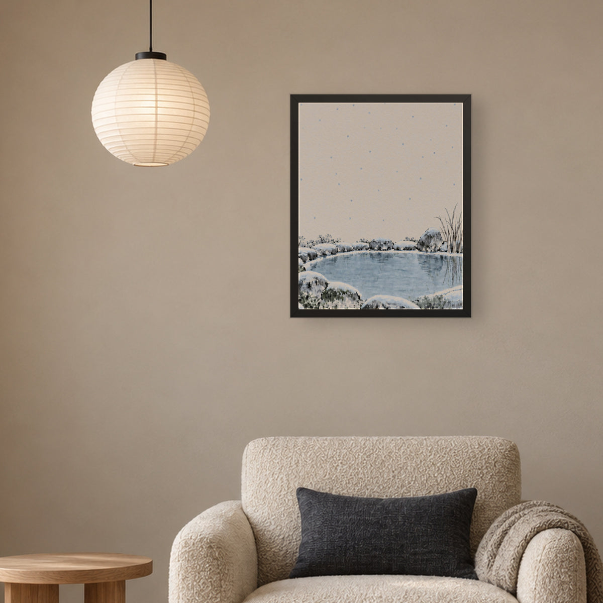 Seasons Garden · Still Pond · Winter — Japandi framed wall art in a room setting, 16x20 in