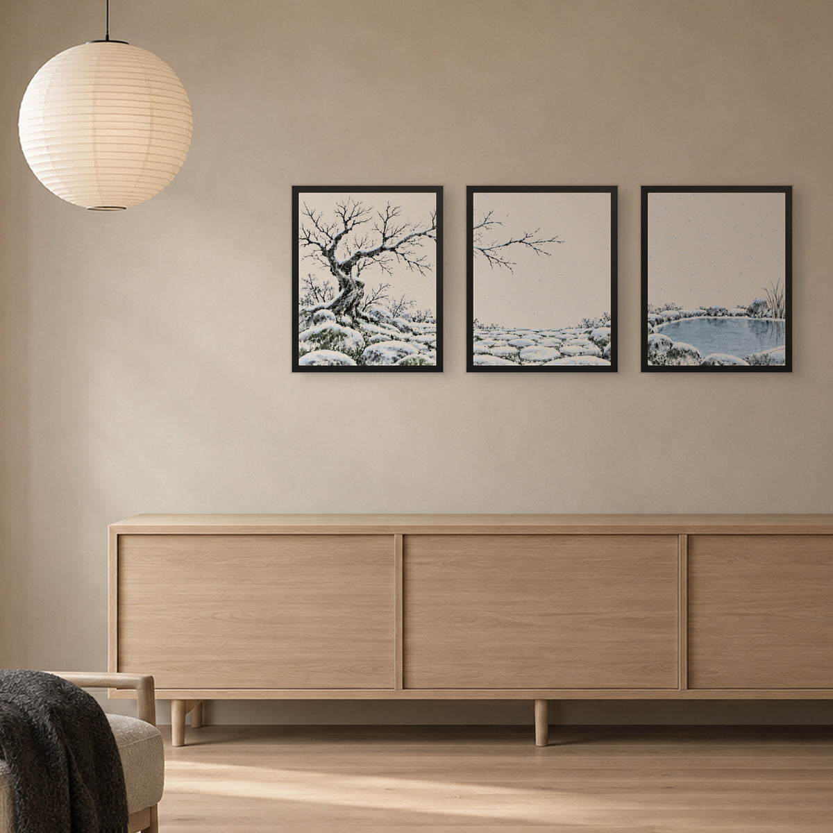 Seasons Garden · Winter — three framed prints hung side by side as a triptych, 16x20 in
