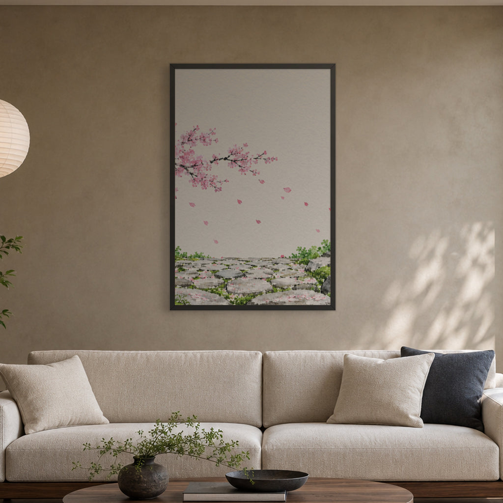 Seasons Garden · Stone Path · Spring — Japandi framed wall art in a room setting, 24x36 in