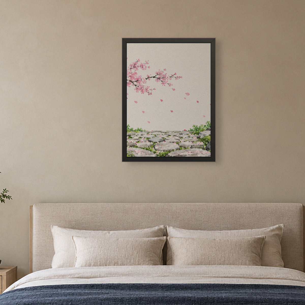 Seasons Garden · Stone Path · Spring — Japandi framed wall art in a room setting, 18x24 in
