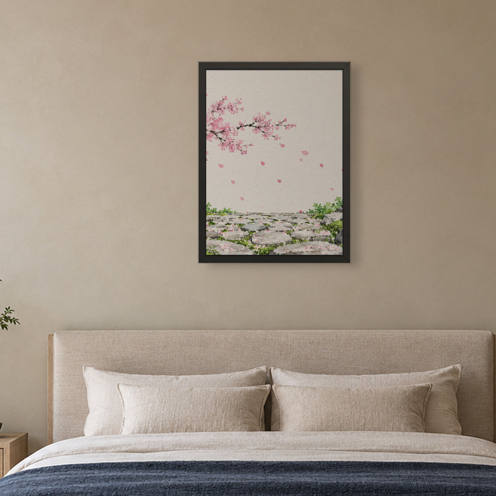 Seasons Garden · Stone Path · Spring — Japandi framed wall art in a room setting, 18x24 in