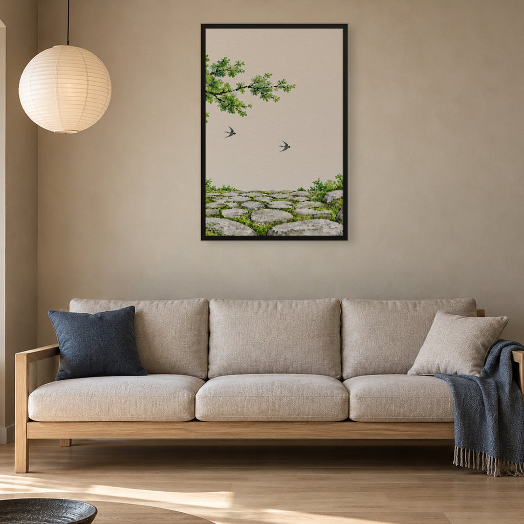Seasons Garden · Swallow Path · Summer — Japandi framed wall art in a room setting, 24x36 in