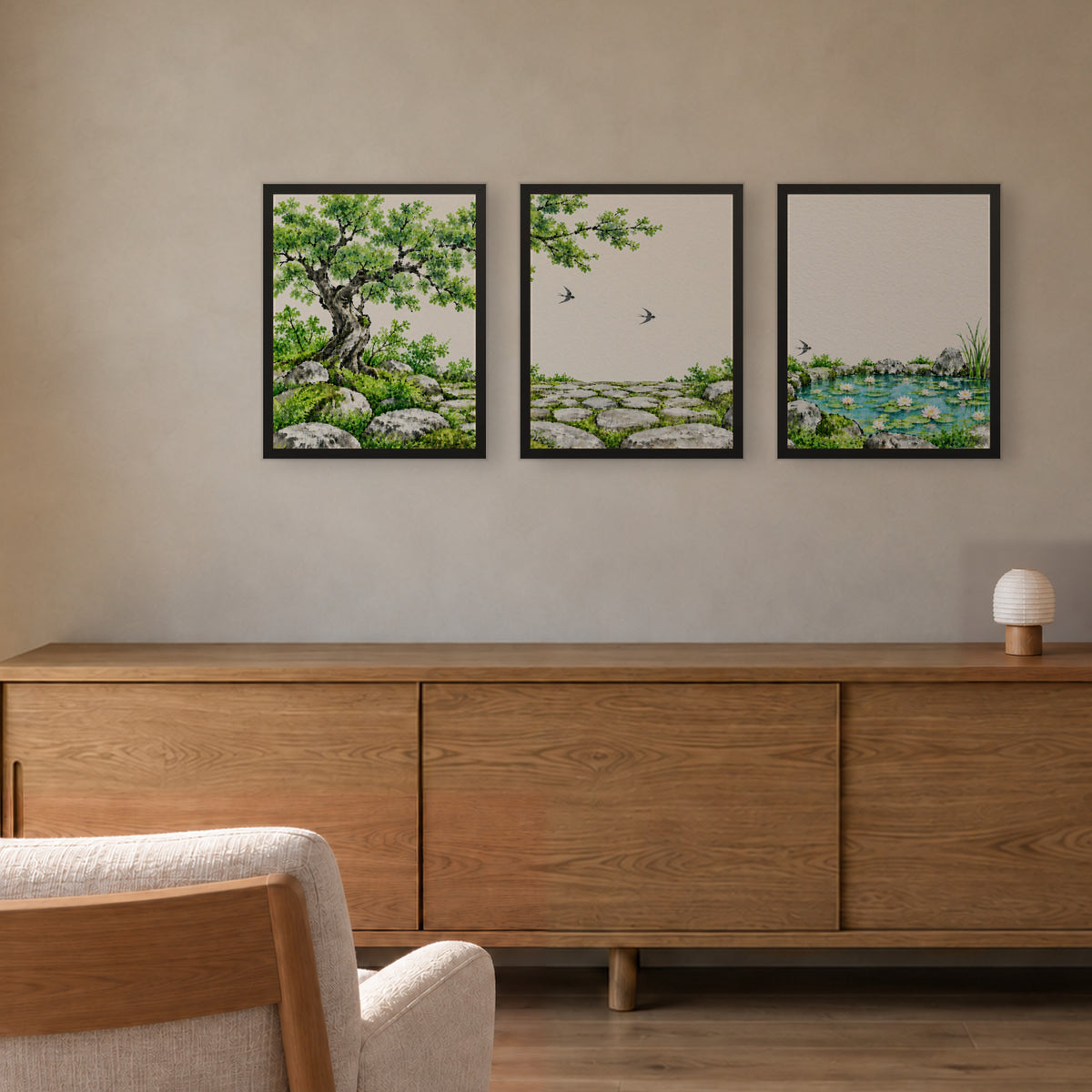 Seasons Garden · Summer — three framed prints hung side by side as a triptych, 16x20 in