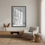 Shadow Play — Japandi komorebi wall art in a reading nook setting