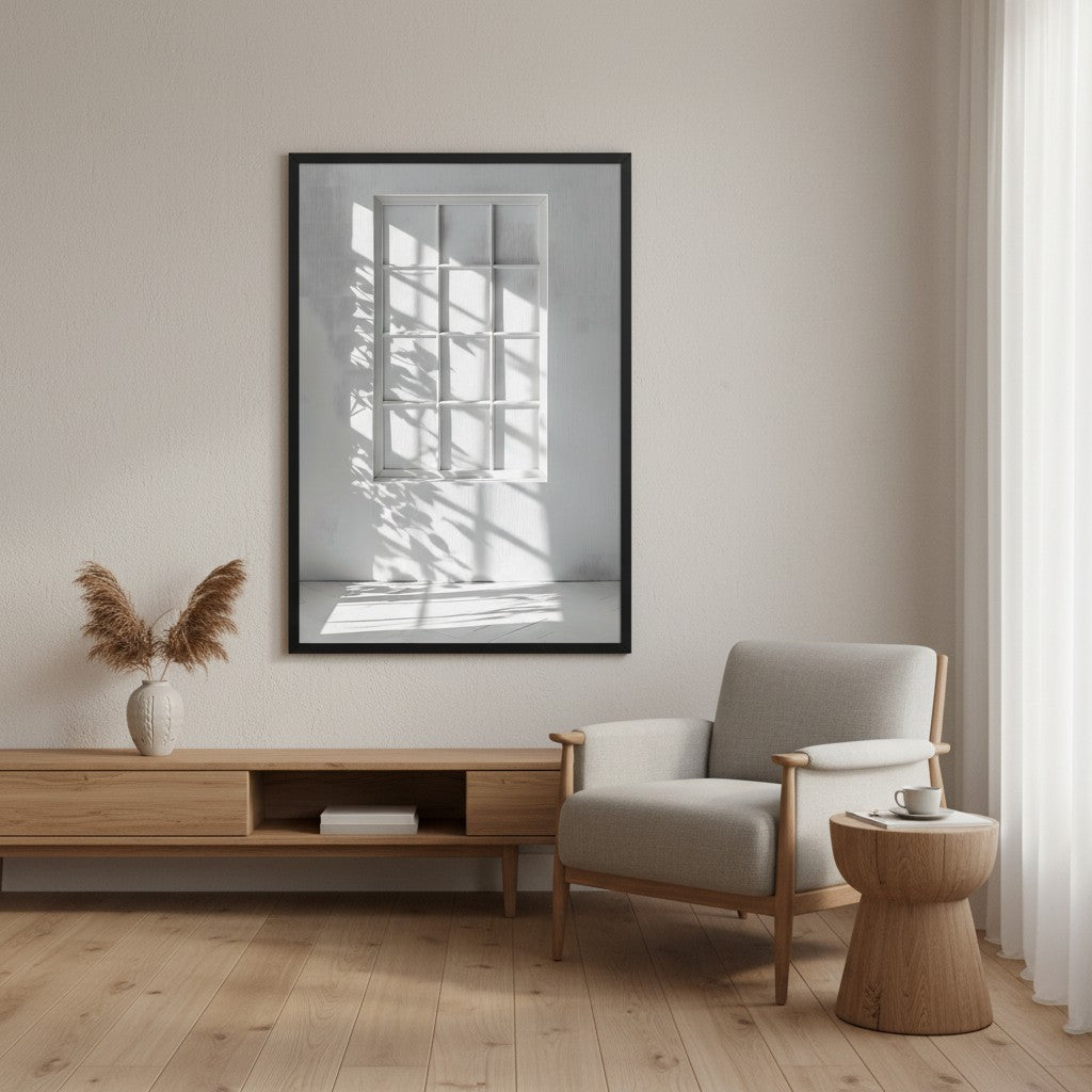 Shadow Play — Japandi komorebi wall art in a reading nook setting