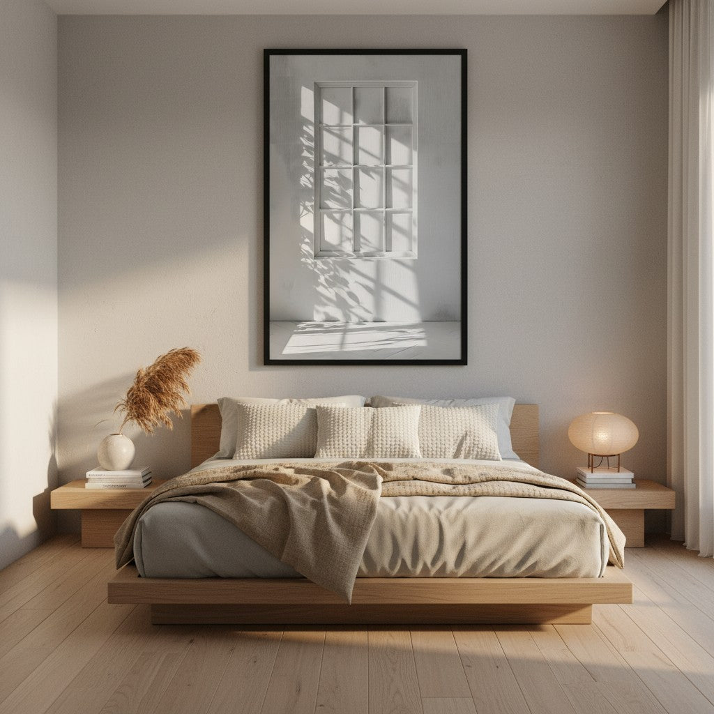 Shadow Play — Japandi komorebi wall art in a bedroom setting