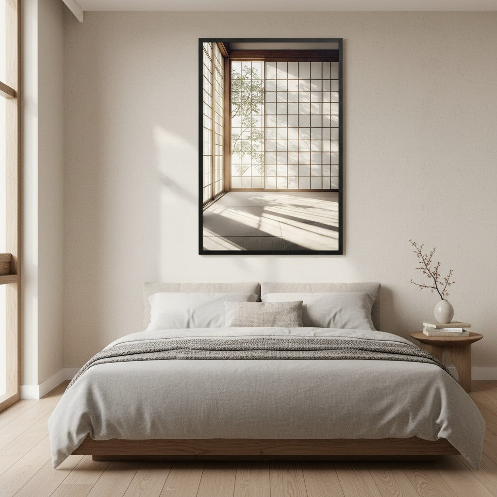 Shoji Light — Japandi komorebi wall art in a bedroom setting