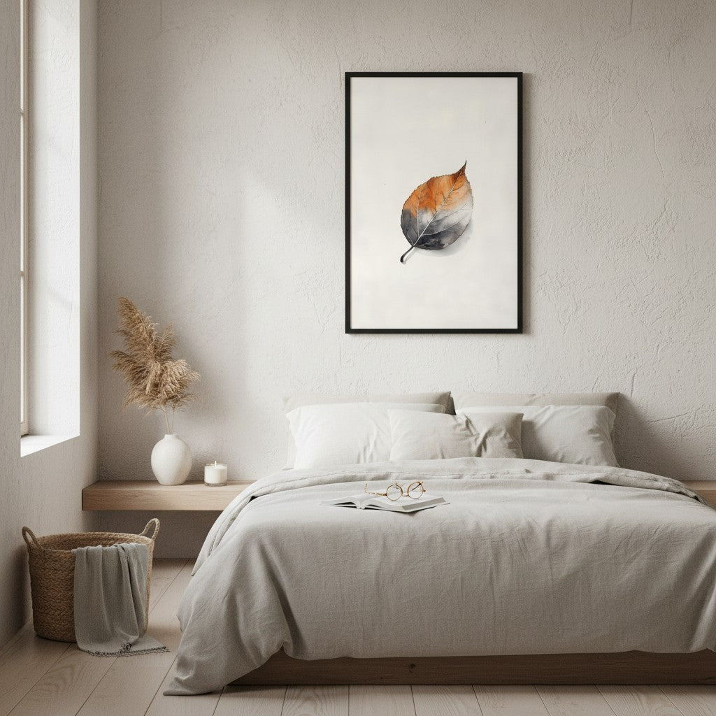 Single Leaf — Japandi ma wall art in a bedroom setting