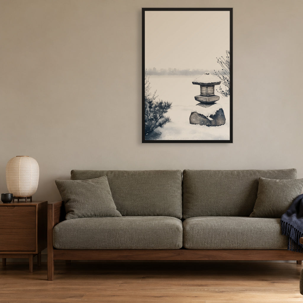 Snow Lantern — Japandi framed wall art in a room setting, 24x36 in