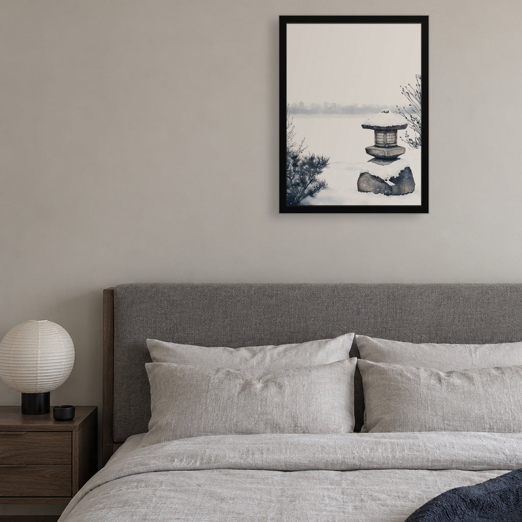 Snow Lantern — Japandi framed wall art in a room setting, 18x24 in